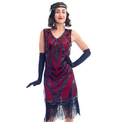 1920s Red ☀ Black Beaded Lola Gatsby Dress